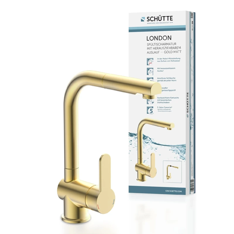 SCHÜTTE 79770 London Kitchen Faucet with Pull-Out Shower Head, 360 Degree Swivel Faucet for Kitchen, Mixer Tap with Single Lever Mixer Tap, Sink Fixture in Gold