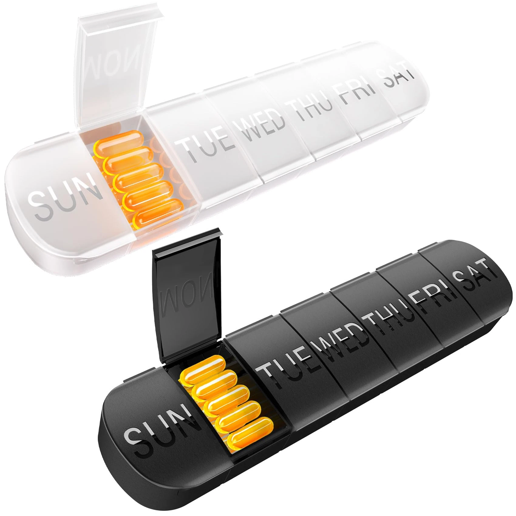 Weekly Pill Boxes 7 Day 2 Times a Day, Travel Pill Box 7 Day Extra Large Compartments Vitamin Holder, Daily Pill Container 7day XL Medicine Dispenser for Fish Oil Case (2PCS Black-White)