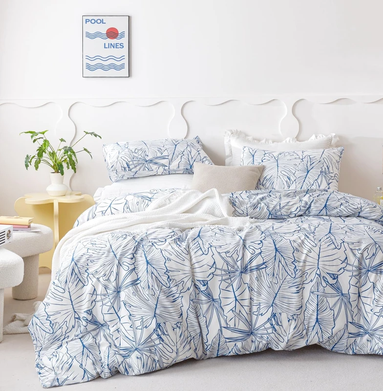 SUSYBAO Blue White Tropical Duvet Cover Queen 100% Cotton 3 Pieces Set 1 Hawaiian Monstera Leaves Duvet Cover with Zipper Ties 2 Pillowcases Coastal Blue Botanical Bedding Set Soft