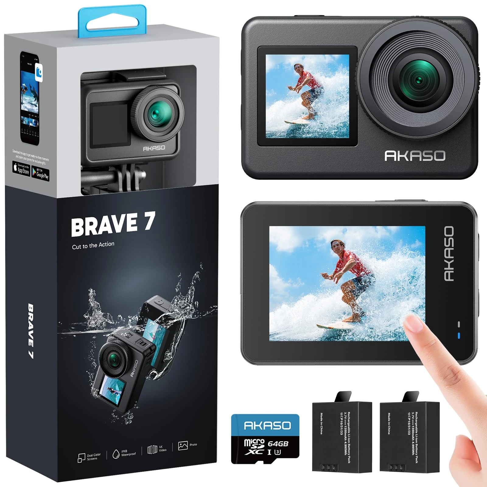 AKASO Brave 7 Action Camera with 64GB microSDXC Memory Card - IPX8 Waterproof Underwater Camera Native 4K 20MP WiFi Cam with Touch Screen EIS 2.0 Zoom Support External Mic Voice Control Vlog Cam