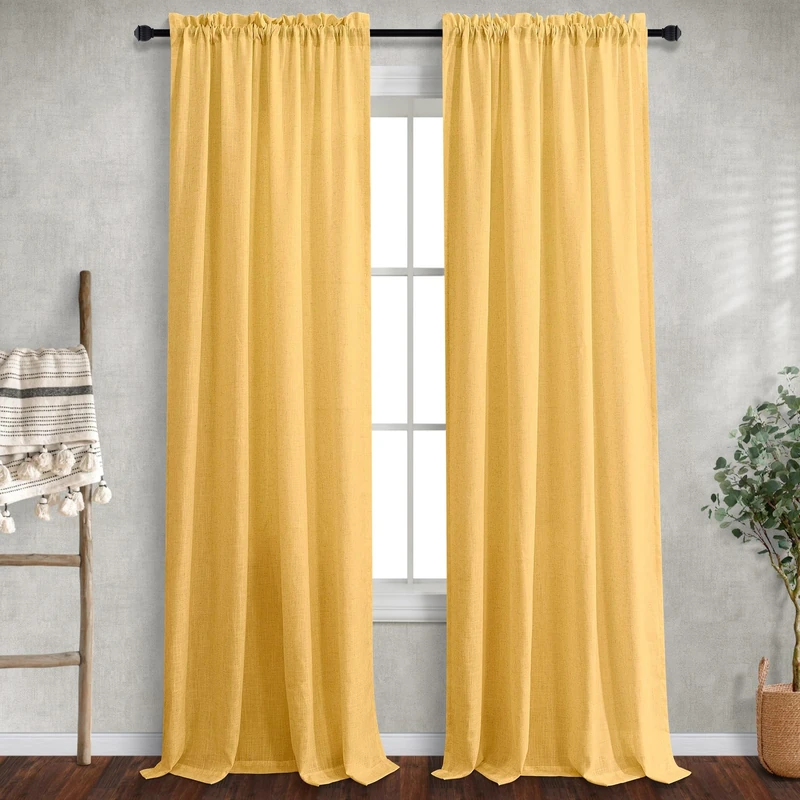 Mrs.Naturall Yellow Gold Linen Blend Sheer Rod Pocket Curtains 52x84 Inches Long