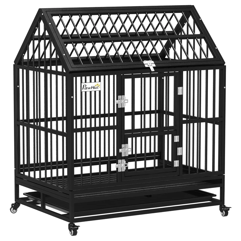 PawHut 43" Heavy Duty Dog Crate, Indoor Outdoor Dog Cage on Wheels with Locks, Removable Tray, Openable Top, 2 Doors, for Large and Extra Large Breeds - Black