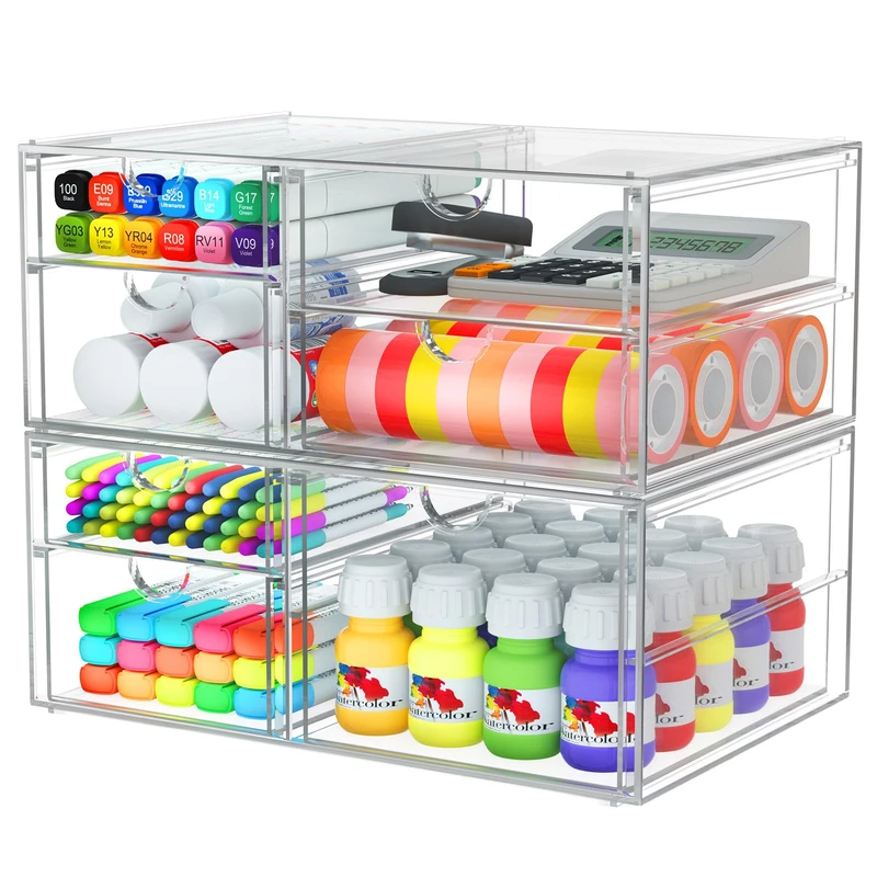 Caktraie 2 Pack Makeup Organizer Storage With 7 Drawers, Desktop Office Supplies, Desk Organizers, Clear Acrylic Plastic, Transparent