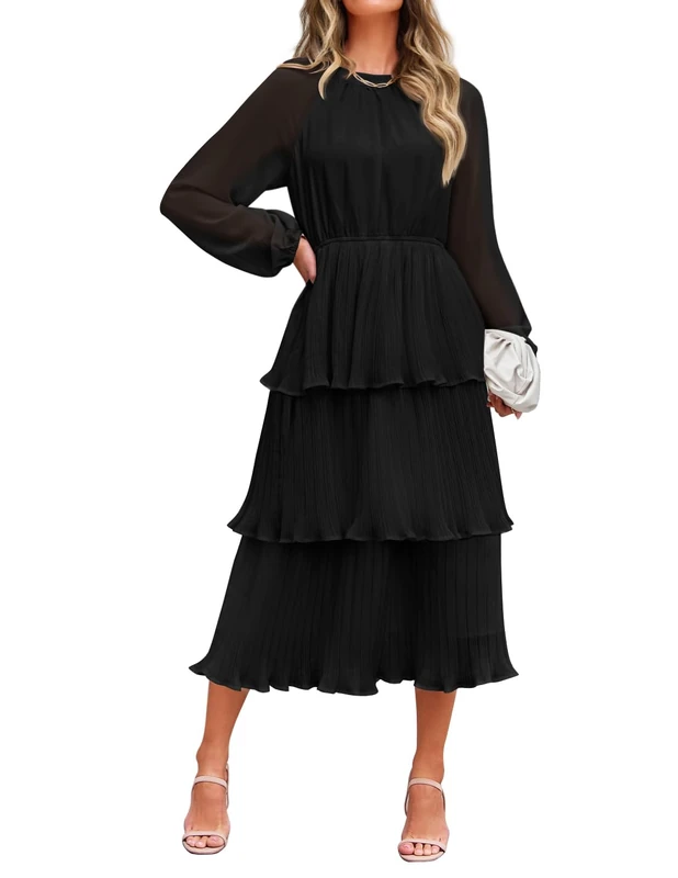 ZESICA Women's 2025 Long Sleeve Crew Neck Ruffle Tiered Layered Chiffon Flowy Swing Long Midi Dress, Black, M