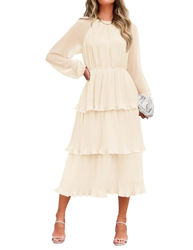 ZESICA Women's 2025 Long Sleeve Crew Neck Ruffle Tiered Layered Chiffon Flowy Swing 2025 Long Midi Dress, Apricot, S
