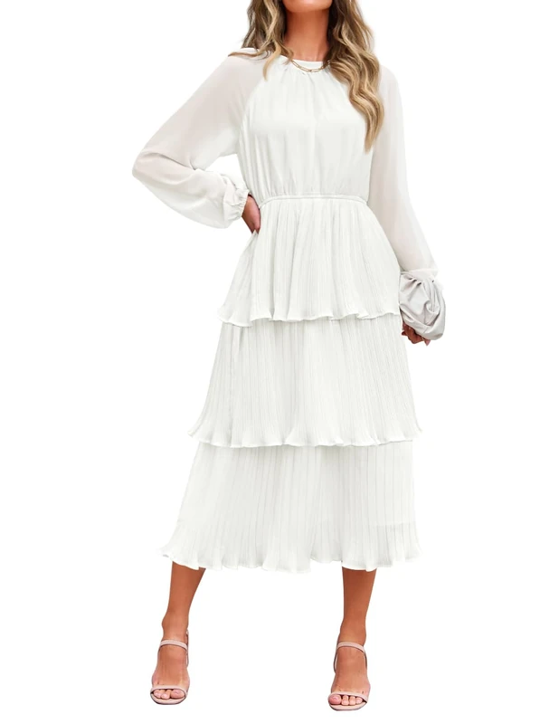 ZESICA Women's 2024 Long Sleeve Crew Neck Ruffle Tiered Layered Chiffon Flowy Swing Long Midi Dress, White, L
