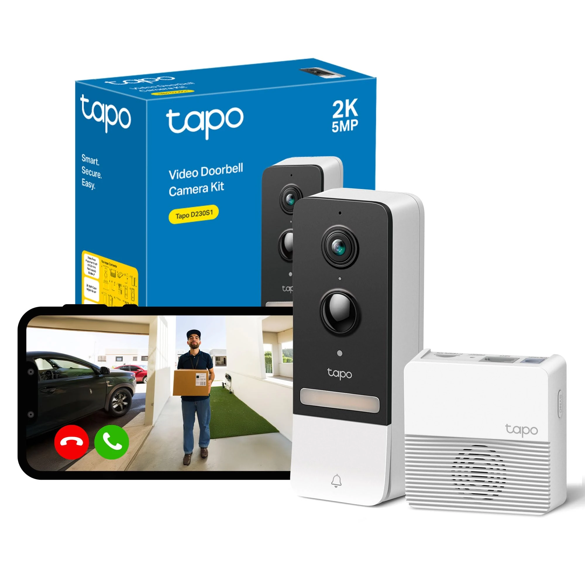 Tapo D230S1 2K 5MP Battery Video Doorbell Wireless, Security Camera Doorbell, Ring Chime Included, Color Night Vision, Head-to-Toe View, 6-Month Battery, IP64, Cloud &Local Storage, No Monthly Fee