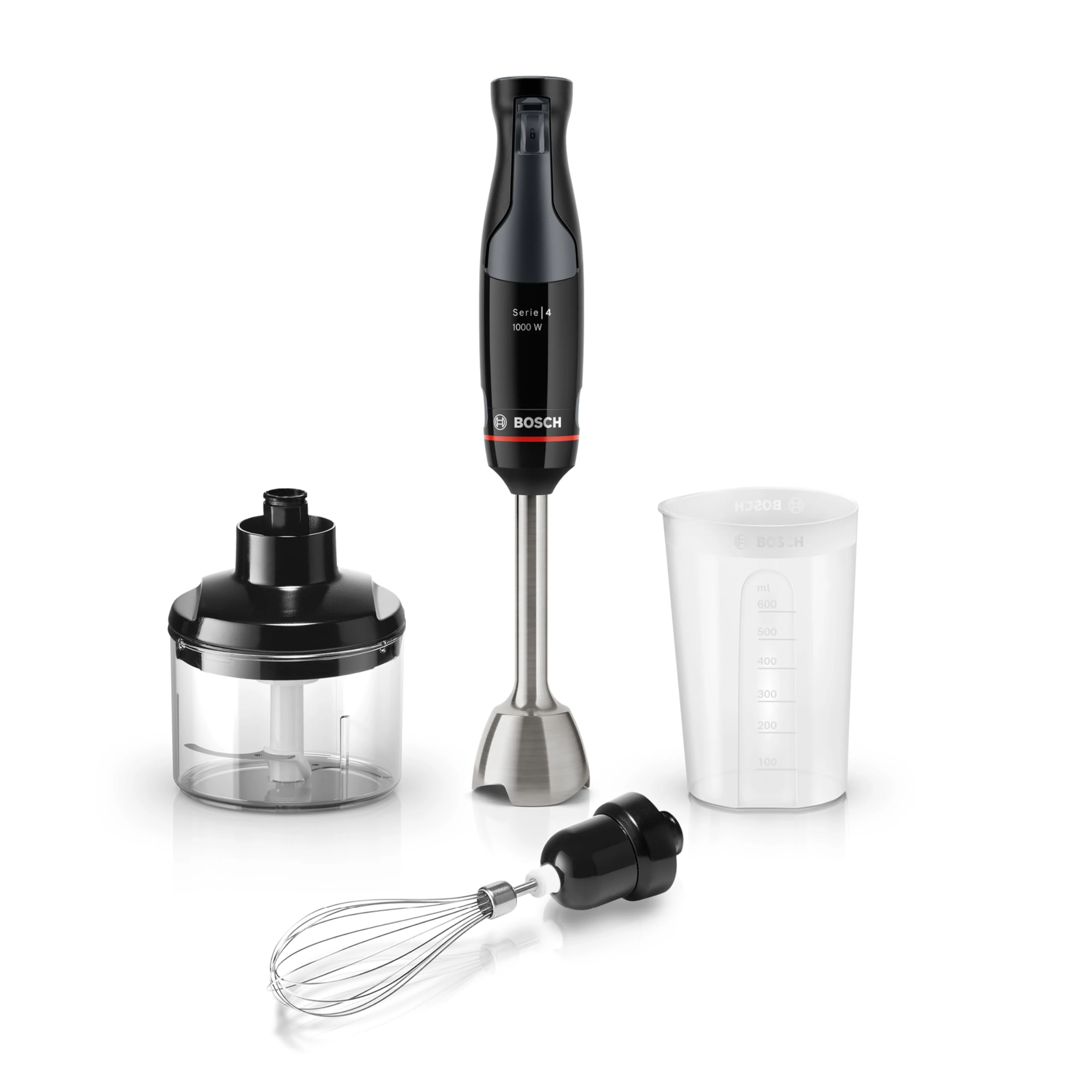 Bosch ErgoMaster Series 4 MSM4B621GB Pressure Controlled Speed 2 in 1 Hand Blender with Chopper, Beaker and Whisk, Stainless Steel Blade, 1000 W Motor, Black