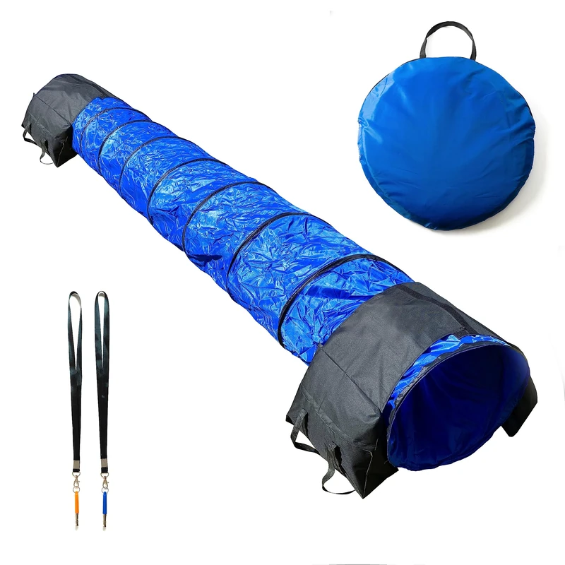 Buleriko Dog Agility Tunnel, 5m Training Equipment for Dogs, Blue Collapsible Tunnels for Small and Medium Breed Puppy, 24 Inch Open Course with Sandbags, Heavy Duty Carrying Bags, 2 Whistles