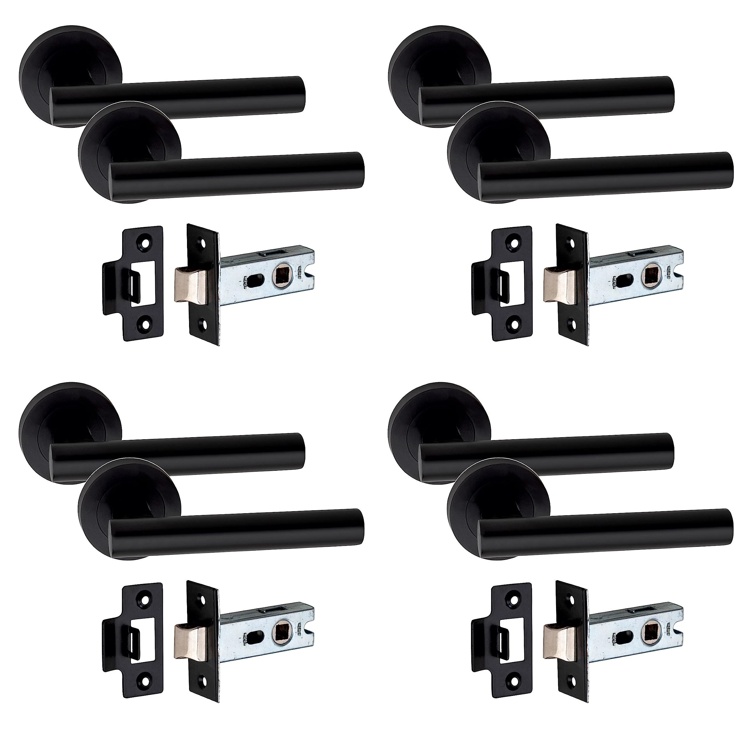 Golden Grace Straight T-Bar Design Door Handles on Round Rose with 2.5" Tubular Latch in Matt Black Finish, 4 Pairs - 52mm Diameter