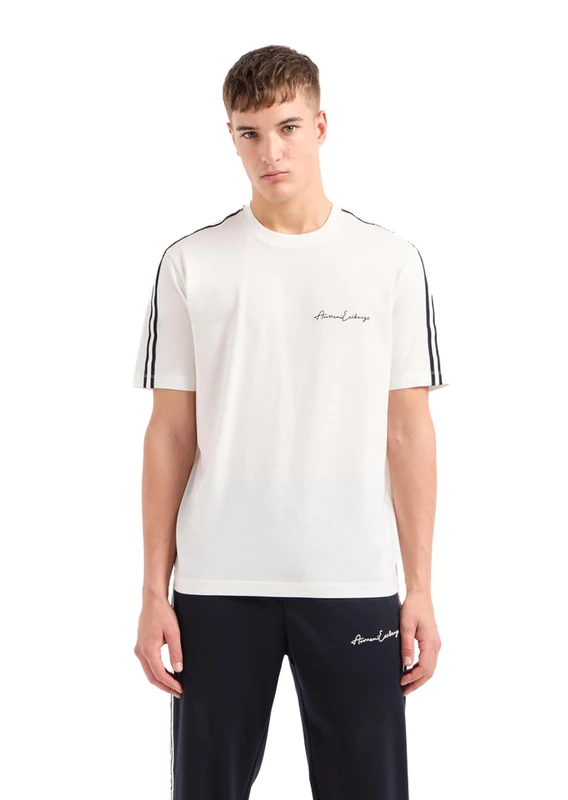 Armani Exchange Men's Regular Fit Cotton Jersey Signature Logo Tee, Off-White, Medium