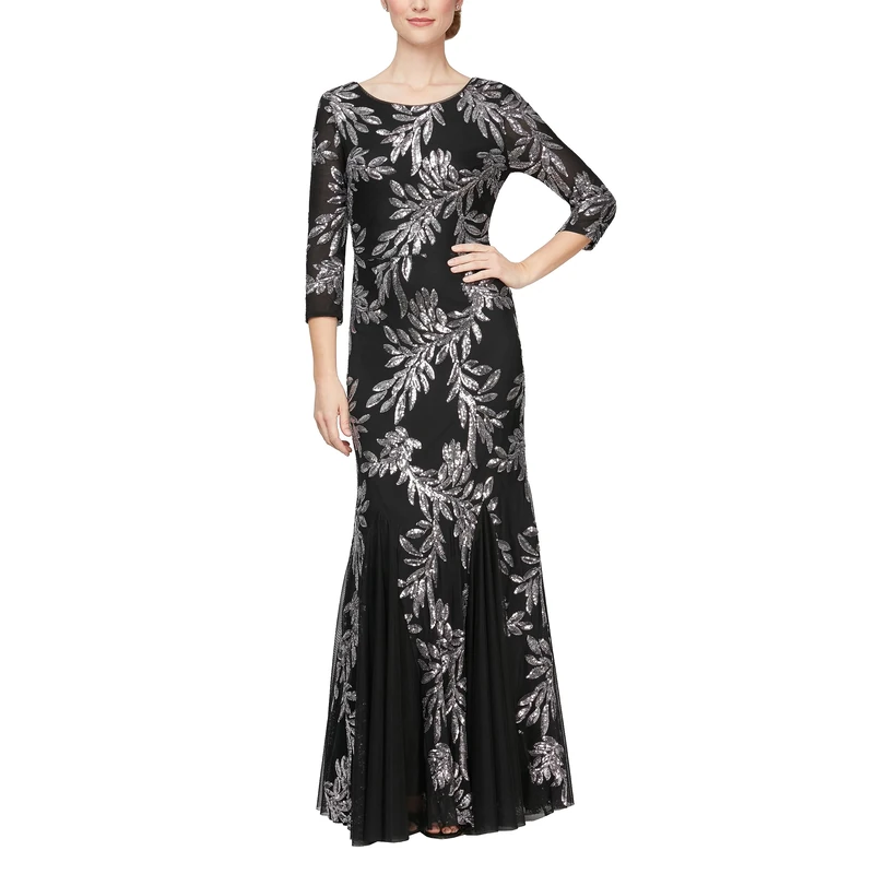Alex Evenings Women's Long Sequin Dresses with ¾ Sleeves, Black and Pewter, 16