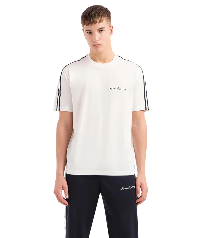 Armani Exchange Men's Regular Fit Cotton Jersey Signature Logo Tee, Off-White, XL