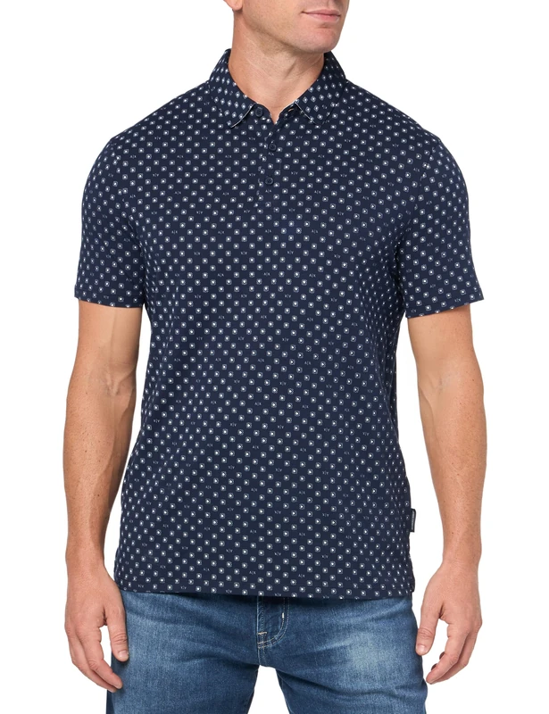 Armani Exchange Men's Regular Fit Cotton Jersey Printed Polo Shirt, Navy Blazer Rhombus Lines, S