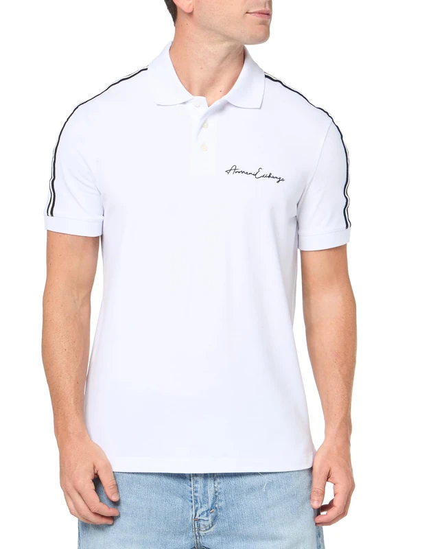 Armani Exchange Men's Regular Fit Stretch Cotton Signature Logo Polo Shirt, White, L