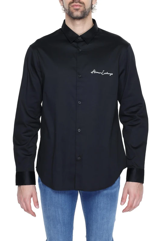 Armani Exchange Men's Long Sleeve Signature Logo Button Down Regular Fit Shirt, Black, XL