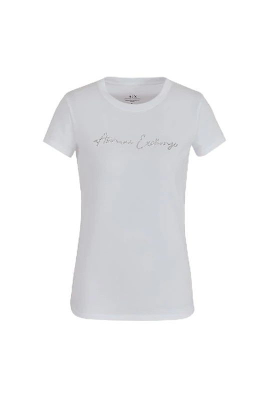 Armani Exchange Women's Rhinestone Script Logo Cotton Crew Neck T-Shirt, Optic White, XS, White (Optic White), XS