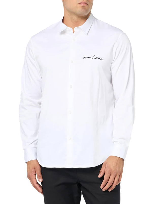 Armani Exchange Men's Long Sleeve Signature Logo Button Down Regular Fit Shirt, Off-White, S