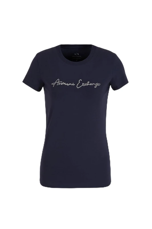Armani Exchange Women's Rhinestone Script Logo Cotton Crew Neck T-Shirt, Blueberry Jelly, S, Blueberry Jelly, S