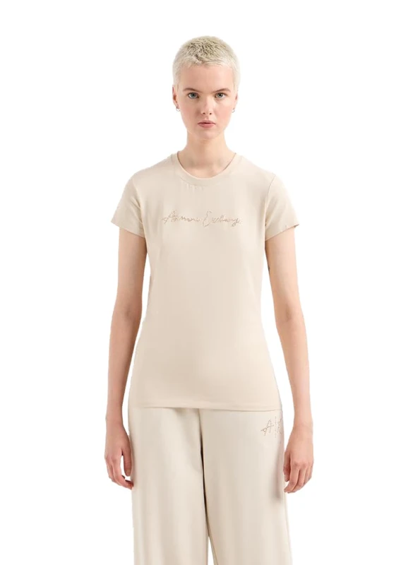 Armani Exchange Women's Rhinestone Script Logo Cotton Crew Neck T-Shirt Dusty Ground, L, Dusty Ground, Large