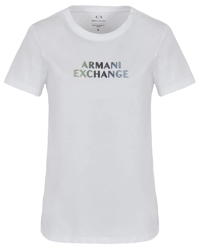 Armani Exchange Women's Ombre Metallic Logo Cotton Jersey T-Shirt, Optic White, XS, White (Optic White), XS