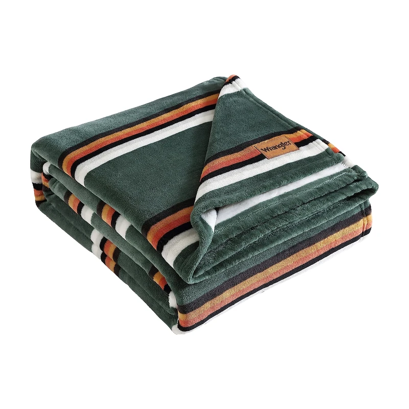 Wrangler Ultra Soft Plush Fleece Reversible Bedding, Lightweight Home Decor for All Seasons Blanket, King, Western Saddle Stripe Green