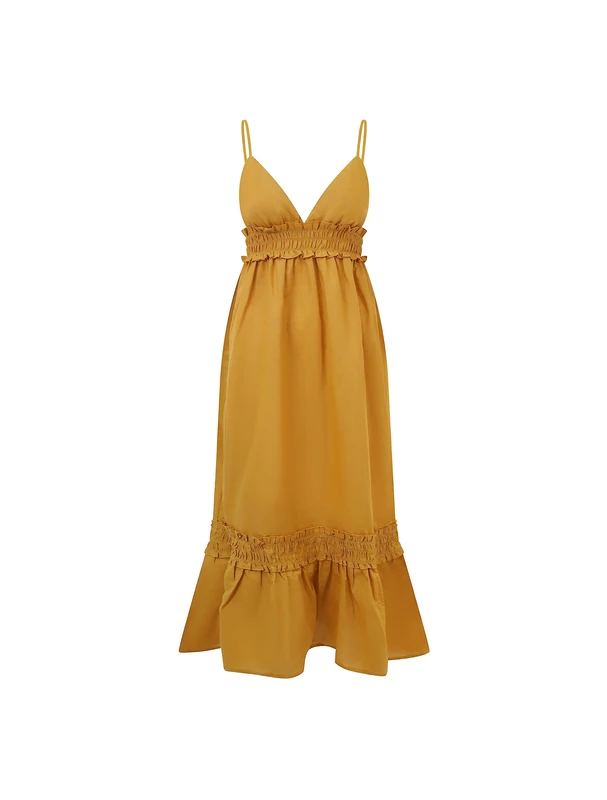 BALOU Women's Cotton Linen Adjustable Maxi Dress, Mustard Ladies Spring Summer Outfit UK 14