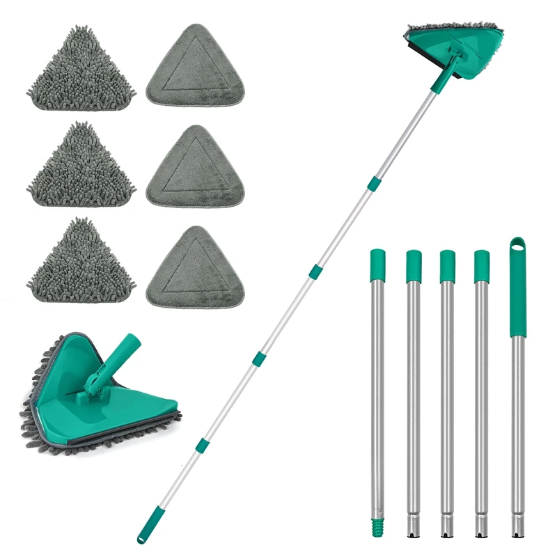 JEHONN 200CM Wall Cleaning Mop with Long Handle, 3-in-1 Ceiling Cleaner Tool Duster with 6 Replacement Microfiber Chenille Pads for Painted Walls, Window, Floor, Baseboard (Green)