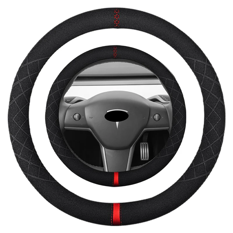 K LAKEY 14 inch Suede Steering Wheel Cover,Compatible with Tesla Model 3 Model Y Suede Leather Sport Non-Slip Wheel Cover Car Interior Accessories 14-14 1/4 inch for Man and Women
