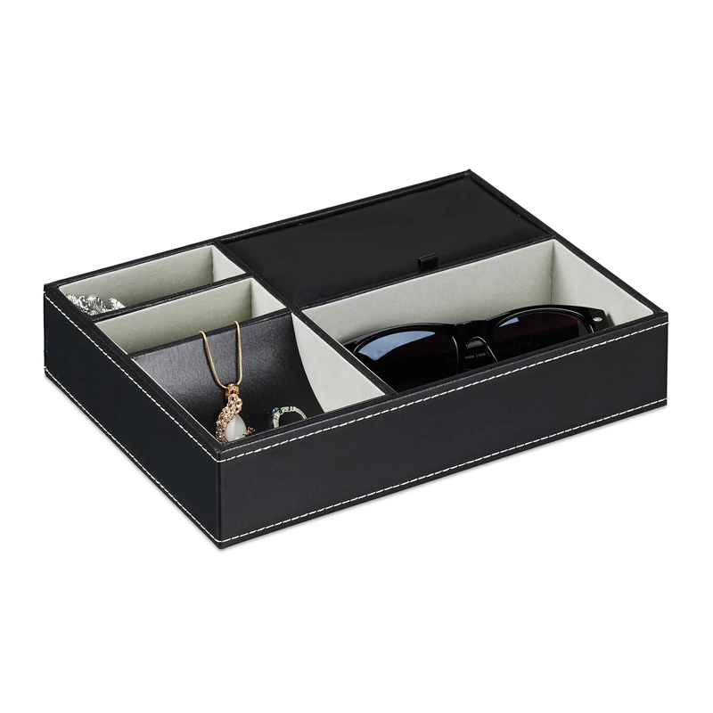 Relaxdays Jewellery Tray, 5 Compartments, Modern Storage Box, HWD: 5 x 25.5 x 18.5 cm, Organiser, Drawer Insert, Black, fibreboard 40% Plastic 20% Cotton