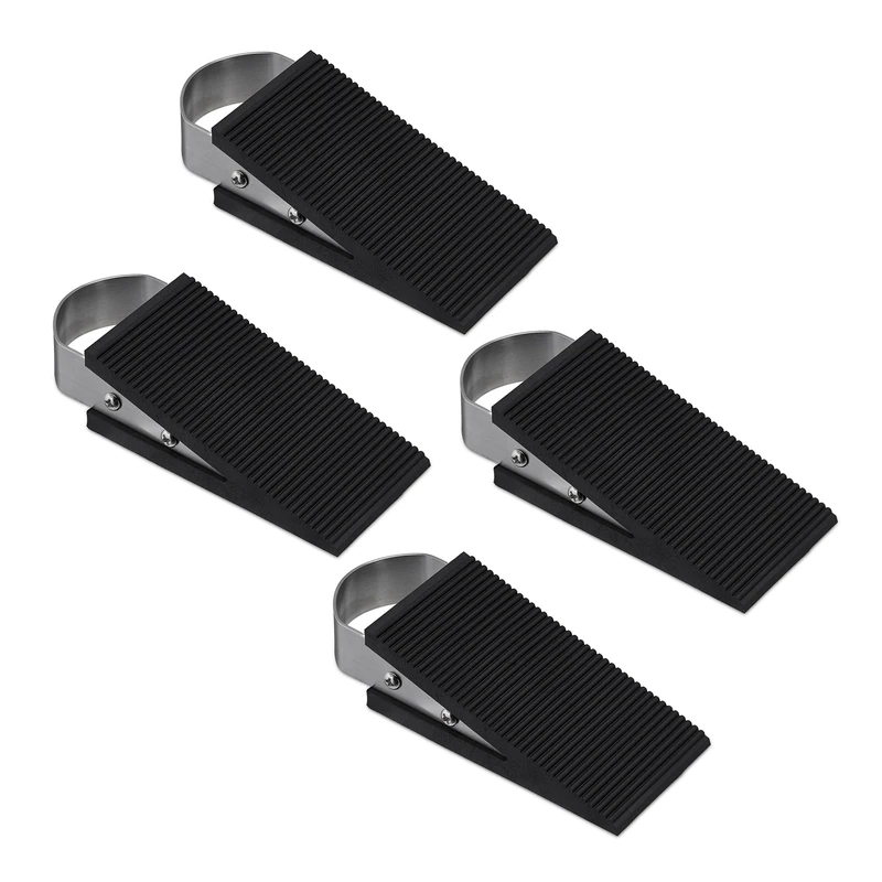 Relaxdays Set of 4 Door Wedges, Doorstop, Non-Slip, No Slamming, HWD: 3 x 5 x 12.5 cm, Rubber & Stainless Steel, Black