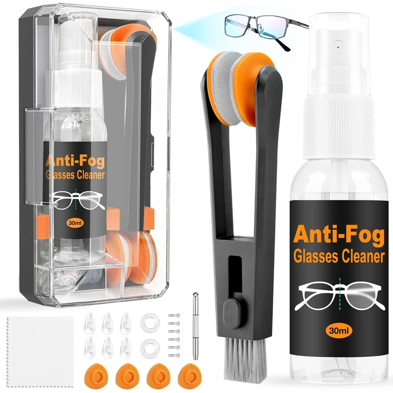 Glasses Cleaner Spray, Spectacle Cleaner with Glasses Wipes Cloth Anti Fog Spray for Camera Lens, Portable Spectacle Repair Kit with Screws, Safe for All Lens, Black