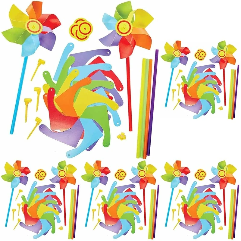 Baker Ross FC771 Rainbow Windmill Kits - Pack of 30, Summer Craft Kit, Kids Windmill Spinners, Kids Pinwheel