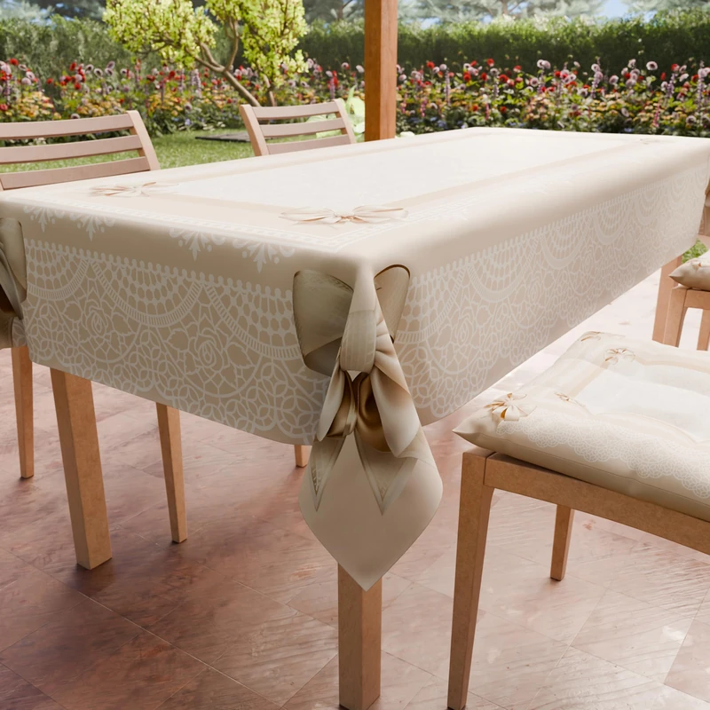 PETTI Artigiani Italiani - Stain Resistant Rectangular Tablecloth Kitchen Table Cover Beige Bow Design X24 Seater (140 x 450 cm) 100% Made in Italy