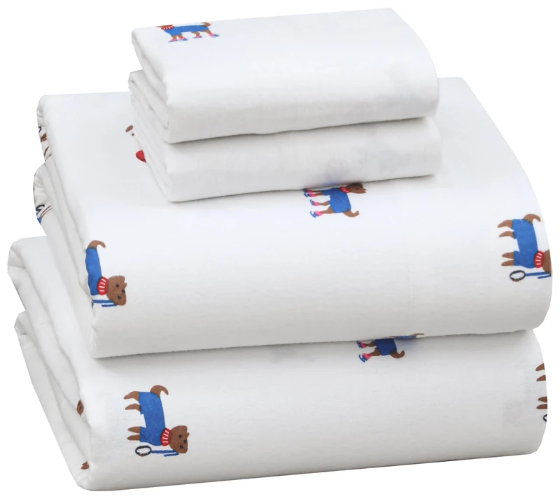 Ruvanti 4 Piece Flannel Bed Linen Set 100% Brushed Double Cotton, Deep 16-inch Pockets, Breathable and Extra Soft, Warm and Comfortable, Puppy Pattern