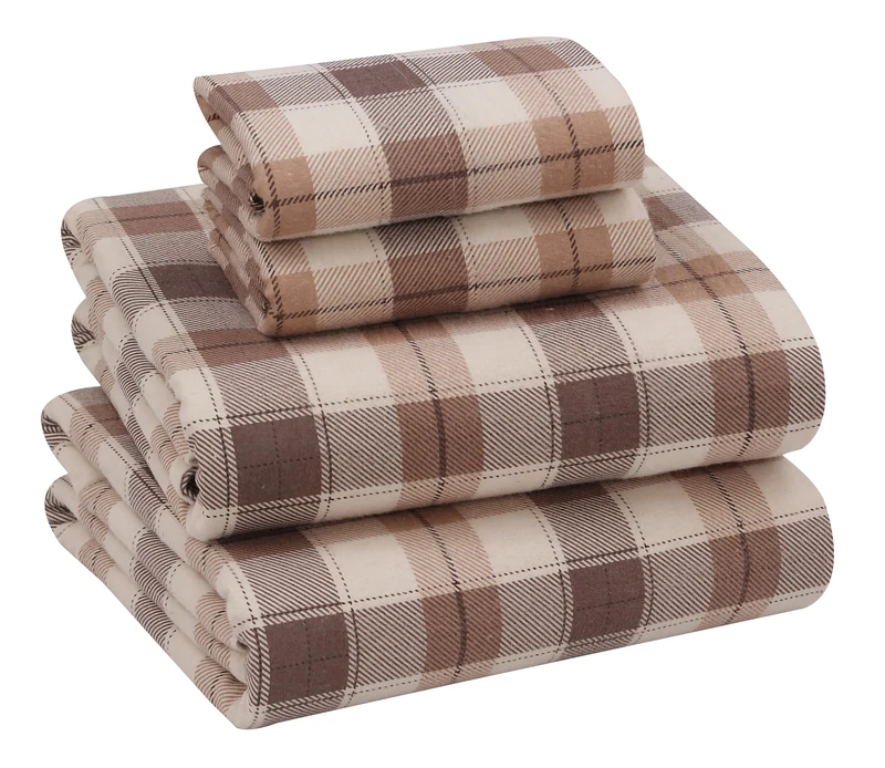Ruvanti 100% Cotton Flannel Sheet Set - Beige & Grey Plaid - King
