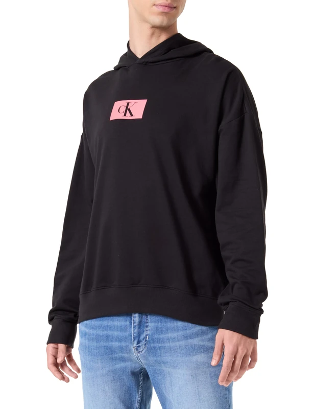Calvin Klein Men's L/S Hoodie, Black W/Calypso Coral, M