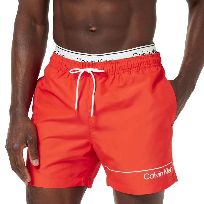 Calvin Klein Men Swim Trunks Medium Double Mid-Length, Red (Hot Heat), S