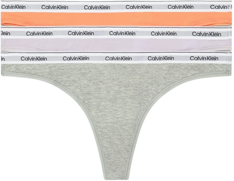 Calvin Klein Women Pack of 3 Thong Modern Logo Tanga, Multicolor (Cadmium Orng/Gry Htr/Lavender Blue), S