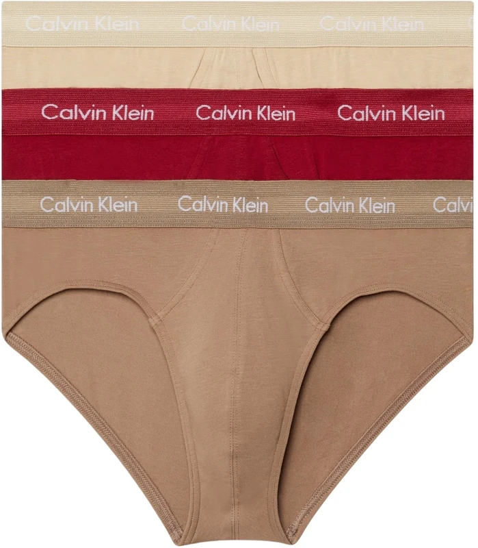 Calvin Klein Men Hip Briefs Stretch Cotton Pack of 3, Multicolor (Rumba/Caribou/Black), XL