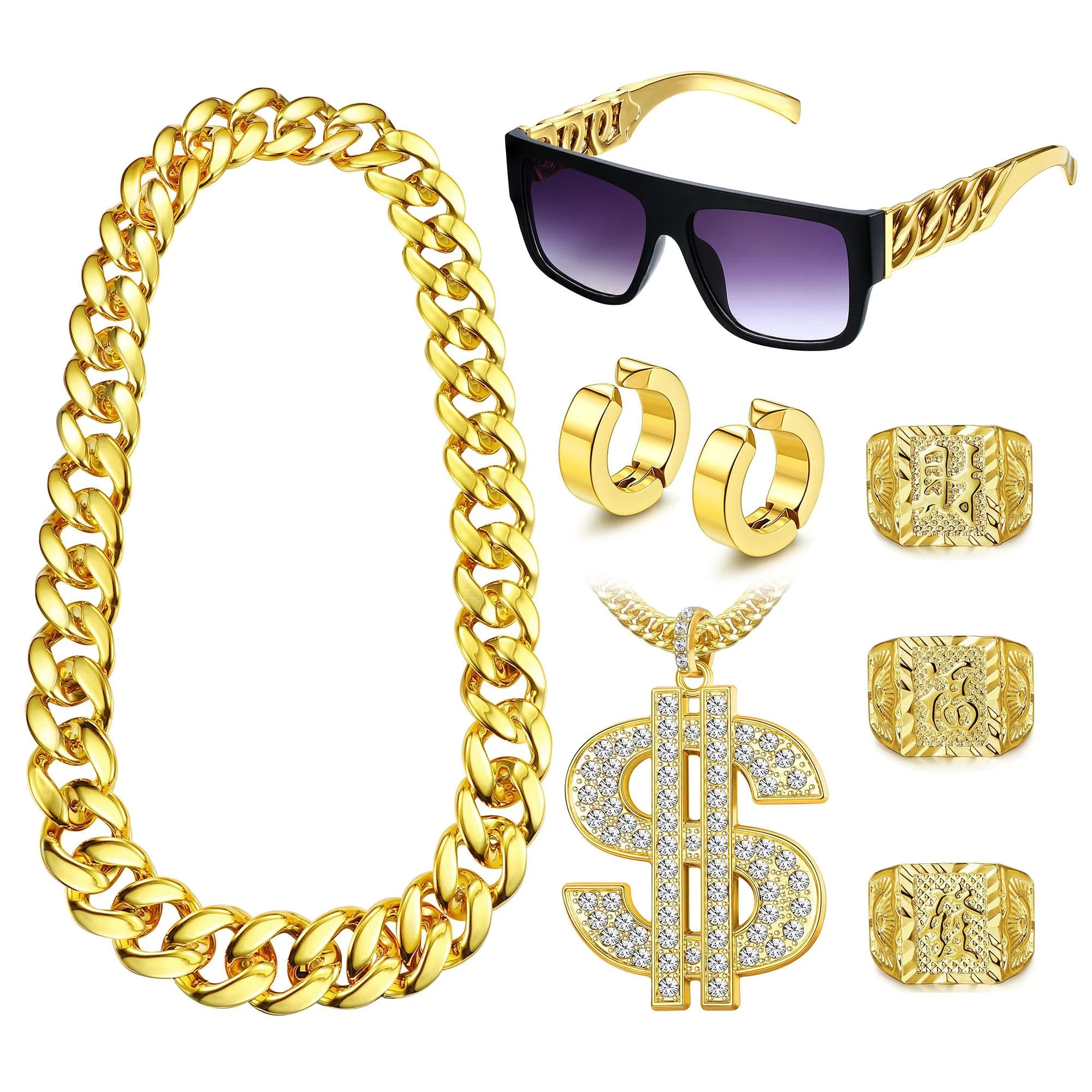 Diamday 80s 90s Hip Hop Costumes Outfit Fake Gold Chain Money Chain Rapper Punk Sunglasses Gold Hoop Earrings Chian Bracelets 1