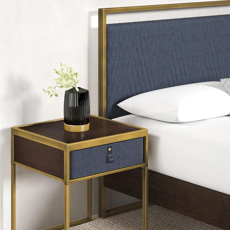 Zinus Ilsang Nightstand 45x43x52 cm - Metal and Wood Side table - Taupe fabric drawer - Navy Blue, Red Oak Brown and Gold