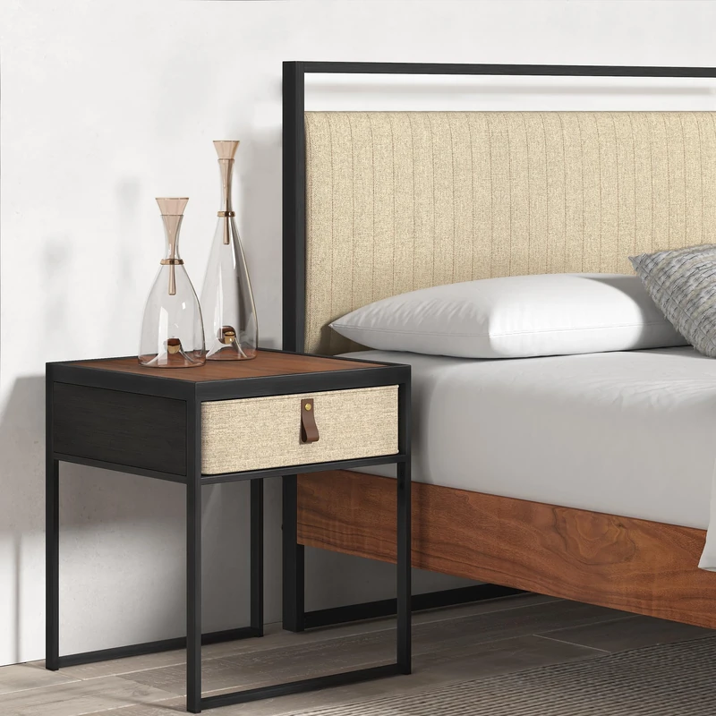 Zinus Ilsang Nightstand 45x43x52 cm - Metal and Wood Side table - Taupe fabric drawer - Brown and Black