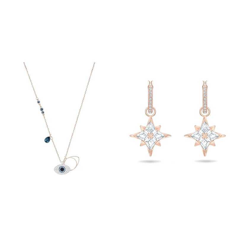 Swarovski Symbolic pendant, Evil eye, Blue, Mixed metal finish & Symbolic Hoop Earrings, Star, White, Rose Gold-Tone Plated