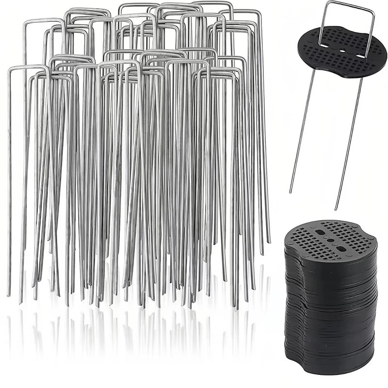 Hcrvvi 100 Artificial Grass Pins,Weed Control Membrane Pegs,15X4cm Φ3.8mm Stainless Steel U-Shaped und 100 6x7cm Cushion Washers,for Weed Membrane,Allotment Equipment,Landscaping Fabric