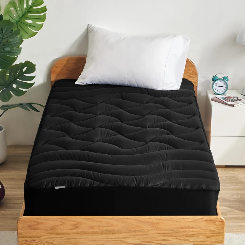SLEEP ZONE Cooling Twin Mattress Topper for Single Bed, Premium Zoned Cool Mattress Pad Cover, Thick Padded Mattress Protector Breathable Washable, Deep Pocket 8-21" (Black, Twin)