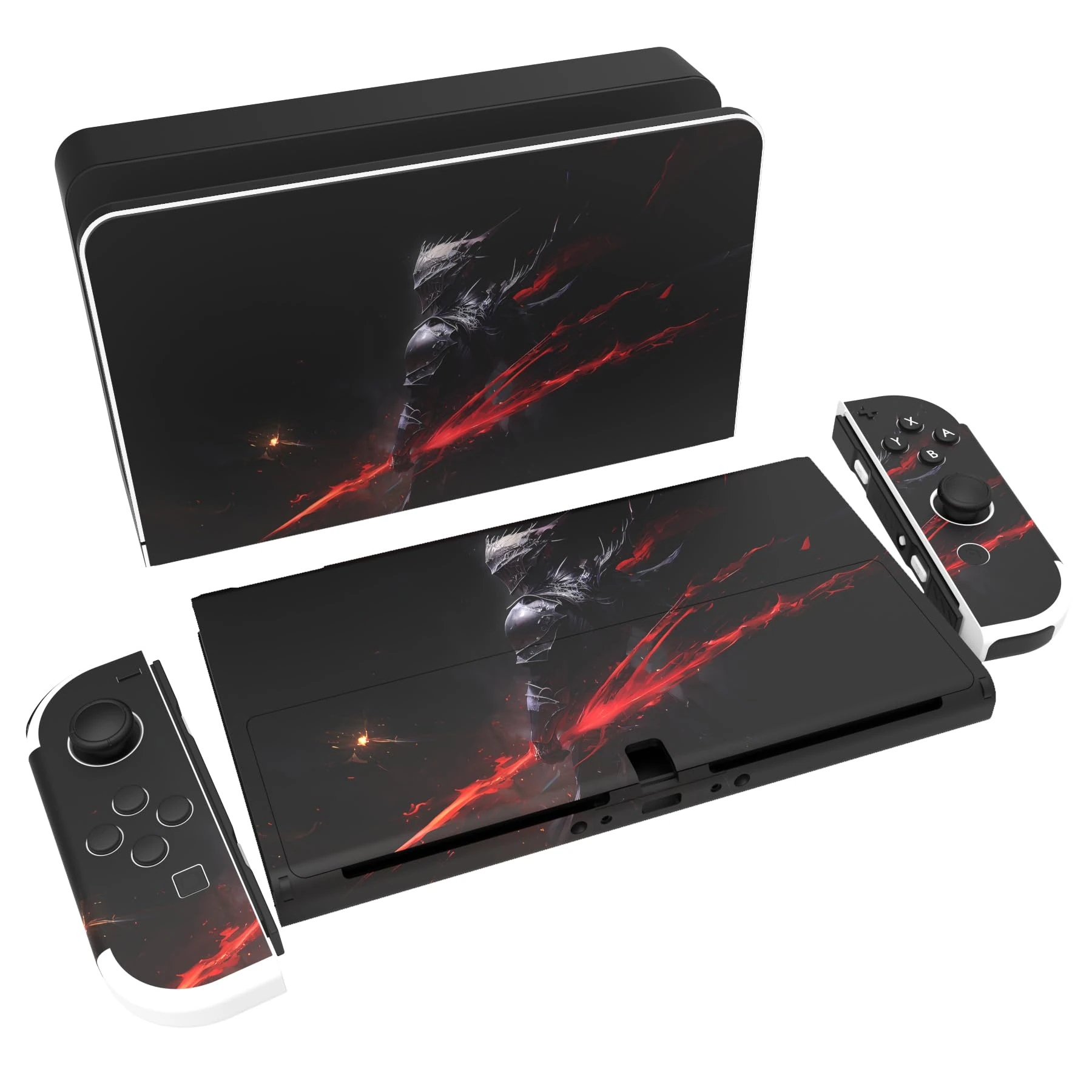 playvital Full Set Protective Stickers for Nintendo Switch OLED Model, Customized Vinyl Decal Skins for Switch OLED Console & Joycon & Dock & Grip - Abyss Knight
