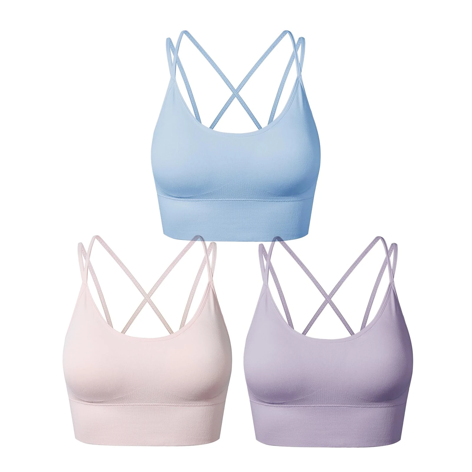 SEGRILA Strappy Sports Bras for Women Crisscross Back Yoga Workout Bras with Removable Pads,Pink+Purple+Blue,M