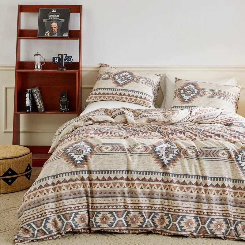 YuHeGuoJi Vintage Aztec Duvet Cover Set Queen 3 Pcs 100% Cotton Brown Geometric Boho Triangle Patterned Duvet Cover with Zipper Ties 2 Pillowcases