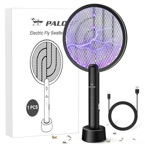 PALONE Electric Fly Swatter Rechargeable Mosquito Fly Killer 2in1 Fly Zapper Racket 4000V Bug Zapper Type-c Fly Catcher with Ultraviolet Lamp Indoor Home Outdoor Backyard Terrace Camping (Black*1)